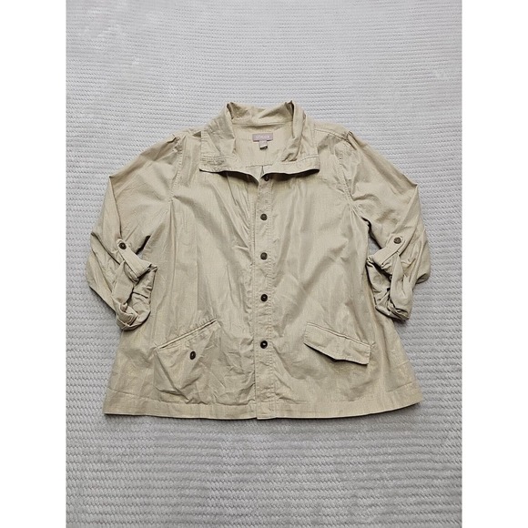 Chicos Jacket Womens 2 US Large Tan Gold Shimmer Button Up Linen Blend - Picture 1 of 6